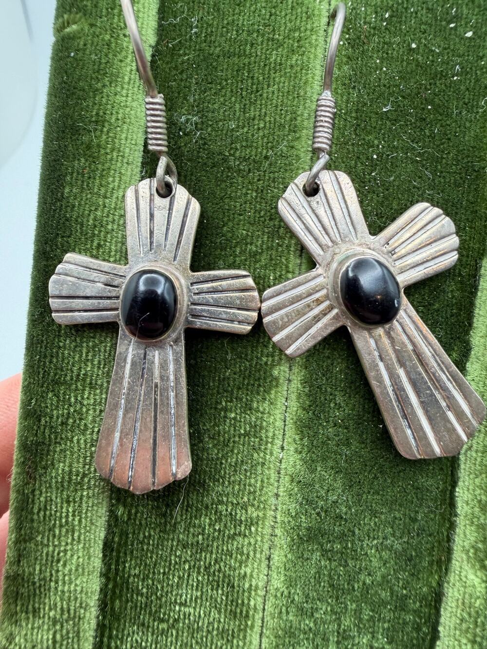 Vintage Mexico 925 Sterling Onyx Cross Dangle Earrings Southwest Style Taxco